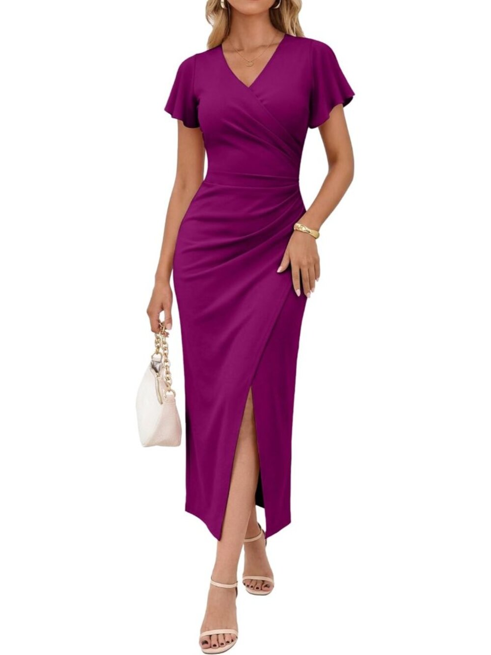 Women's Purple Sexy V Neck Faux Wrap Ruffle Sleeve Bodycon Wedding Guest Dress